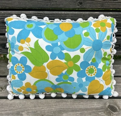 Vintage Handmade Flower Power Pom Pom Trim Pillow MOD Retro Green Blue Floral - Image 1 of 4
