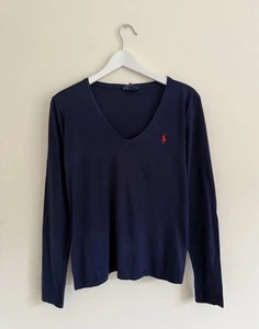 Womens Polo Ralph Lauren Y2K Navy V Neck Long Sleeved Cotton Top Size Large 0299 - Picture 1 of 7