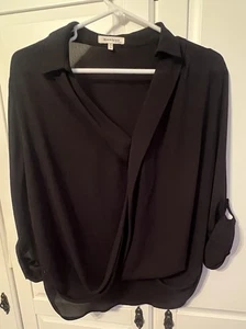 Monteau Damen Größe Large schwarz Bluse Shirt 3/4 Ärmel mit Knopfleiste V-Ausschnitt - Bild 1 von 3