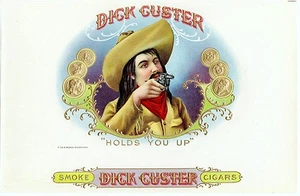 SCATOLA PORTASIGARI ETICHETTA VINTAGE LITOGRAFIA CESTER COWBOY PISTOL REVOLVER - Foto 1 di 1