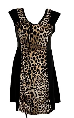 Vestido Lane Bryant Talla 16 Negro Imitación Cuero Estampado Leopardo Manga Gorra Foto 1 de 4