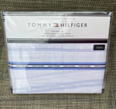 Tommy Hilfiger Vista Blue White Stripe 100% Cotton TWIN Sheet Set 3pc - Image 1 of 4