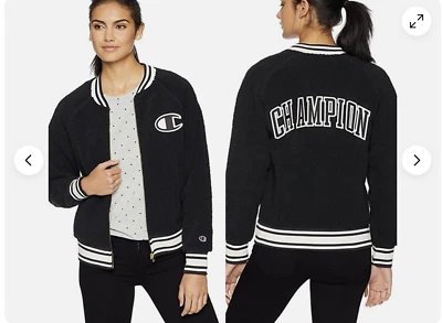 Champion Jacket Women XS Varsity Full Zip Bomber Teddy Bear Fleece Black Letter - Image 1 of 4