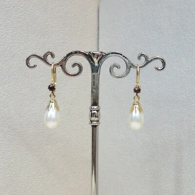 Perle Süsswasser Granat Schmuck Ohrringe Vintage Silber 925/- gelb vergoldet - Bild 1 von 4