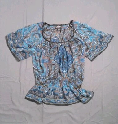 Blusa Angie Talla Grande Azul Transparente Paisley Manga Volantes Boho Top Negocios Informal Foto 1 de 4