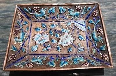 Bandeja de opio antigua china plateada esmaltada cobre cigarrillo joyería 4x3 Foto 1 de 4