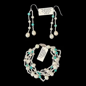 Pulsera de perlas finas opacas de 7,5" cuentas turquesa cuentas múltiples hilos oro blanco de 14K - Imagen 1 de 7