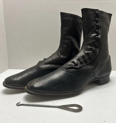 Antique 1800 Victorian Ladies High Button Black Leather Boots Marked Button Hook - Image 1 of 4
