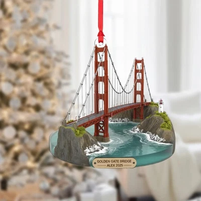 Personalized Golden Gate Bridge Ornament 2D Flat, San Francisco Landmark Xmas
