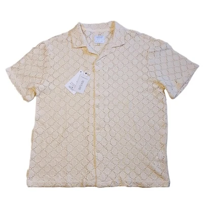 Cactus Man Mens Large Sweater Knit Crochet Cream Short Sleeve Button Down - Image 1 of 4