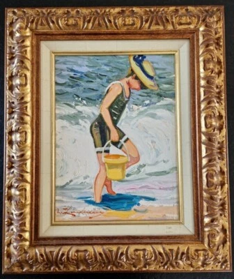 Martin Lindenau Huile sur toile Enfant jouant sur la plage tableau peinture - Photo 1/4