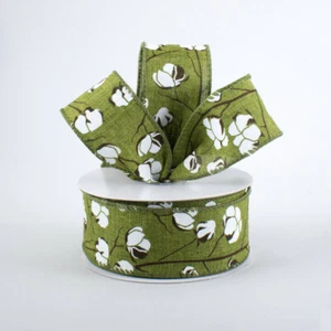 Cotton Boll Moosgrün Natur Drahtband 1,5" breit x 10 Yards - Bild 1 von 2