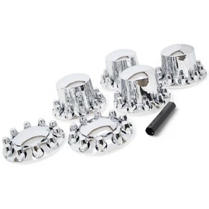 Chrome Wheel Hub Cover Semi Truck Kit Axle Cover 33mm Lug Front & Rear Complete - Picture 1 of 6