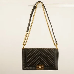 Authentic CHANEL Boy Chevron Flap Bag Chain Shoulder Lambskin Bag- Free Ship USA - Picture 1 of 22