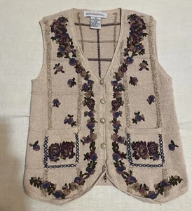 Ivy Collectibles Cottagecore Knit Vest Size S Tan Mauve Navy Olive Floral Krewl - Picture 1 of 9