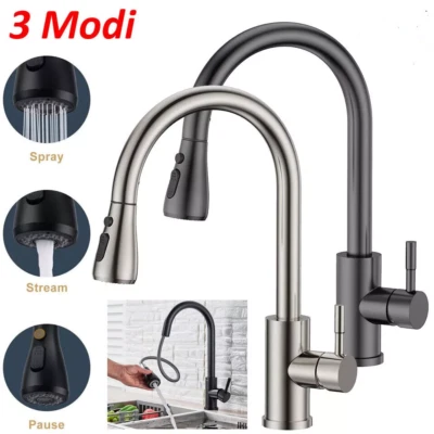 360° Kitchen Sink Mixer Taps Pull Out Spout Spray Single Lever Modern Mono Tap - Image 1 of 4