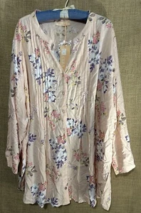 La Cera Top 3X Pink Floral Pintuck Bodice Flowy Button Up Tunic Shirt Blouse NWT - Picture 1 of 6