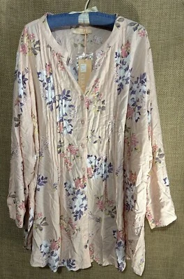La Cera Top 3X Pink Floral Pintuck Bodice Flowy Button Up Tunic Shirt Blouse NWT - Image 1 of 4