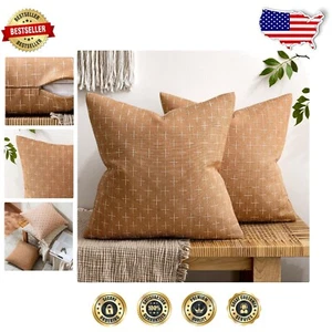 Set of 2 Brick Decorative Burlap Linen Pillow Covers - 20x20 Inch Farmhouse Chic - Picture 1 of 9