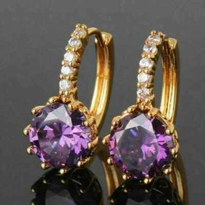 2Ct Round Cut Lab-Created Amethyst Huggie Hoop Earrings 14k Yellow Gold Plated - Picture 1 of 3
