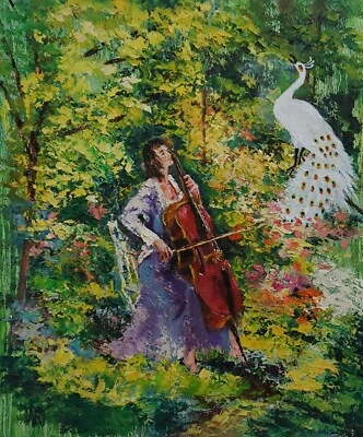 YARY DLUHOS Woman Music Peacock Garden Figure Cello Original Art Oil Painting - Image 1 of 4