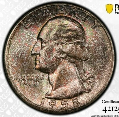 Registry Quality PCGS MS67 1958 P Washington Quarter 25c Rainbow Toned PQ Color - Image 1 of 4
