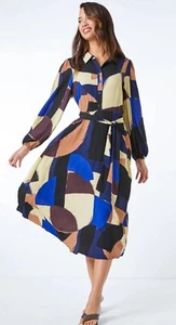 Roman originals Camel Geo Print Belted Shirt Dress - Picture 1 of 4