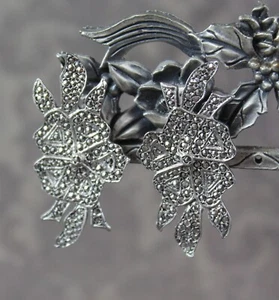 Vintage Silver Marcasite Floral Pierced Earrings - Picture 1 of 8