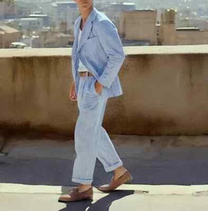 Men’s Blue Striped Suit  2-Piece Casual Blazer & Pants Set, Premium Beach Outfit - Picture 1 of 6