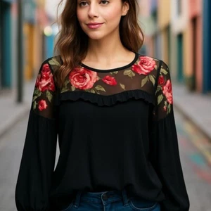 Thalia Sodi Floral Embroidered Mesh Top Ruffle Trim Long Sleeve Black L/G Nwot - Picture 1 of 7
