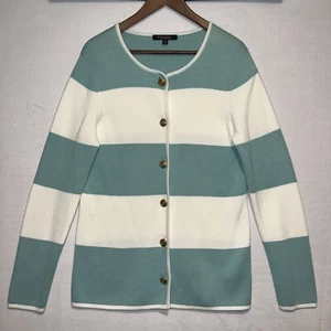 Brooks Brothers Women's Cardigan Sweater 100% Supima Cotton White & Mint Stripe - Picture 1 of 15