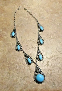 16" Excellent Vintage Southwestern Sterling Silver Turquoise Pendant Necklace - Picture 1 of 12