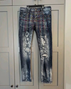 Decibel Jeans Men’s 36x34 Blue Distressed Bleach Denim Artsy Hip Hop Streetwear - Picture 1 of 11