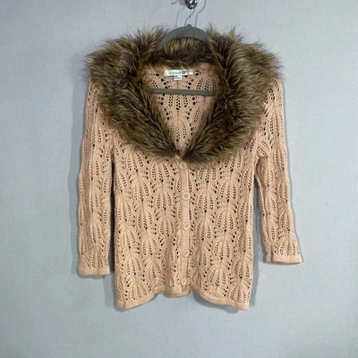 Y2K Forever 21 Sweater Cardigan Women M Beige Faux Fur Trim Open Knit Cotton - Image 1 of 4