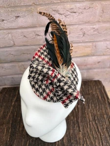 Stunning Genuine HARRIS TWEED Fascinator Houndtooth Check Feathers Black (34) - Picture 1 of 6