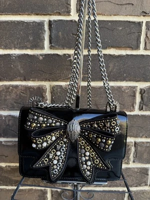 NWT Kurt Geiger Shoreditch Patent Leather Small Studded Bow Conv Crossbody Black - Image 1 of 4