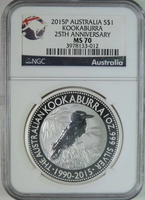 2015 P Australia Kookaburra 1oz .999 Silver $1 Coin 25th Anniversary NGC MS70 - Image 1 of 4