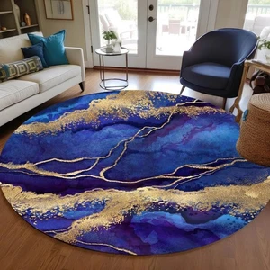 Royal Blue Gold Modern Abstract Marble Pattern Round Area Rugs for Living Roo... - Bild 1 von 9