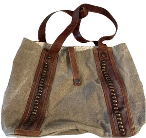 Preowned Mona B Olive Canvas And Vegan Leather Boho Tote Purse With Metal Trim - Picture 1 of 7
