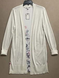 Dana Buchman Women Open Front Duster Cardigan Sheer Floral Ivory Long Sleeve NWT - Picture 1 of 14