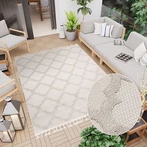 Alfombra tela plana 3D estructura interior exterior beige flecos marroquíes - Imagen 1 de 11