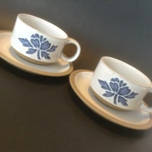 Vintage Midwinter BLUE PRINT Japan 2 Cup & Saucer Sets Stoneware Blue Flower - Picture 1 of 11