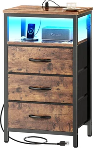 Night Stand with Charger Station and LED Lights, 3 Drawer Nightstand, Bed Side T - Picture 1 of 9
