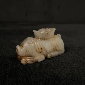 Antique 14th C. Chinese Greenish Yellow & Russet Jade Figure of A Recumbent Pig - Picture 1 of 11