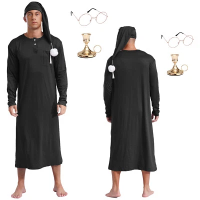 Camisón suelto a rayas manga larga para hombre de EE. UU. con gorra para dormir candelabro pijama Foto 1 de 2