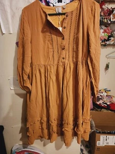 Emberley Downeast The Harvest Linen Dress Camel New Size Small Ruffle Gold - Picture 1 of 11