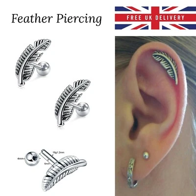 Cartilage Feather Earrings 6mm Bar Stud Ball Back Tragus Helix Labret Piercing - Image 1 of 4