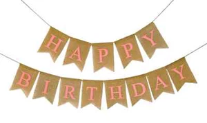 Happy Birthday Burlap Banner for Birthday Party Decorations Pink Print - Picture 1 of 2