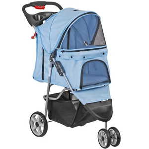 Dog Stroller 3 Wheels Foldable Cat Pet Jogger Stroller w/ Cup Holder+Basket Blue - Picture 1 of 14