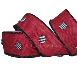 5 Yards Red Jute Burlap Black White Button Embellish Wired Ribbon 2 1/2"W - Picture 1 of 1